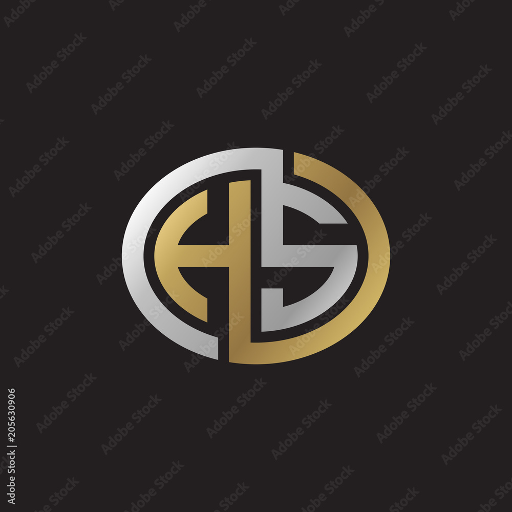 Initial letter HS, looping line, ellipse shape logo, silver gold color on black background Initial letter HS, looping line, ellipse shape logo, silver gold color on black background