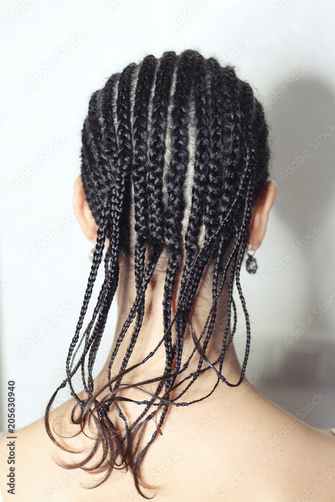 Close-up of hair braided in pigtails, girl's head, blond hair, thin, tight, youth  style, zizi African hairstyle, brunette on white background Stock Photo |  Adobe Stock