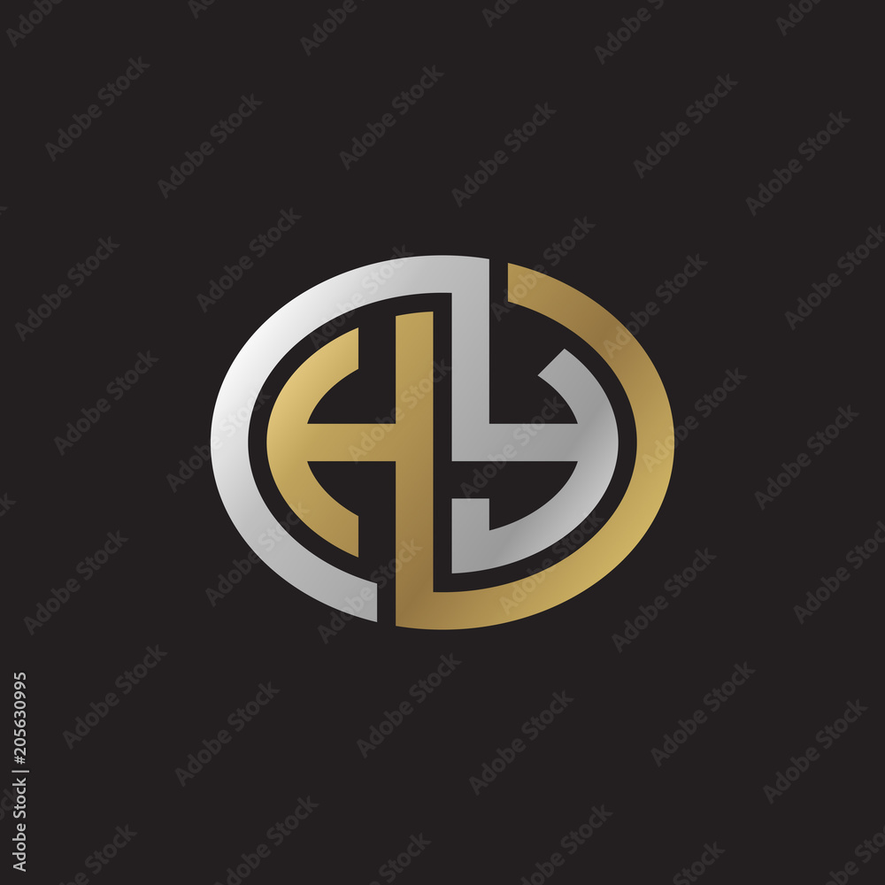Initial letter HY, looping line, ellipse shape logo, silver gold color on black background Initial letter HY, looping line, ellipse shape logo, silver gold color on black background