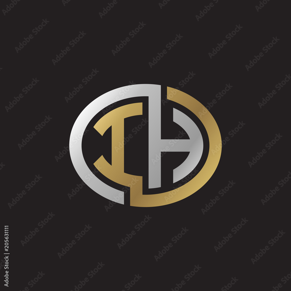 Initial letter IH, looping line, ellipse shape logo, silver gold color on black background
