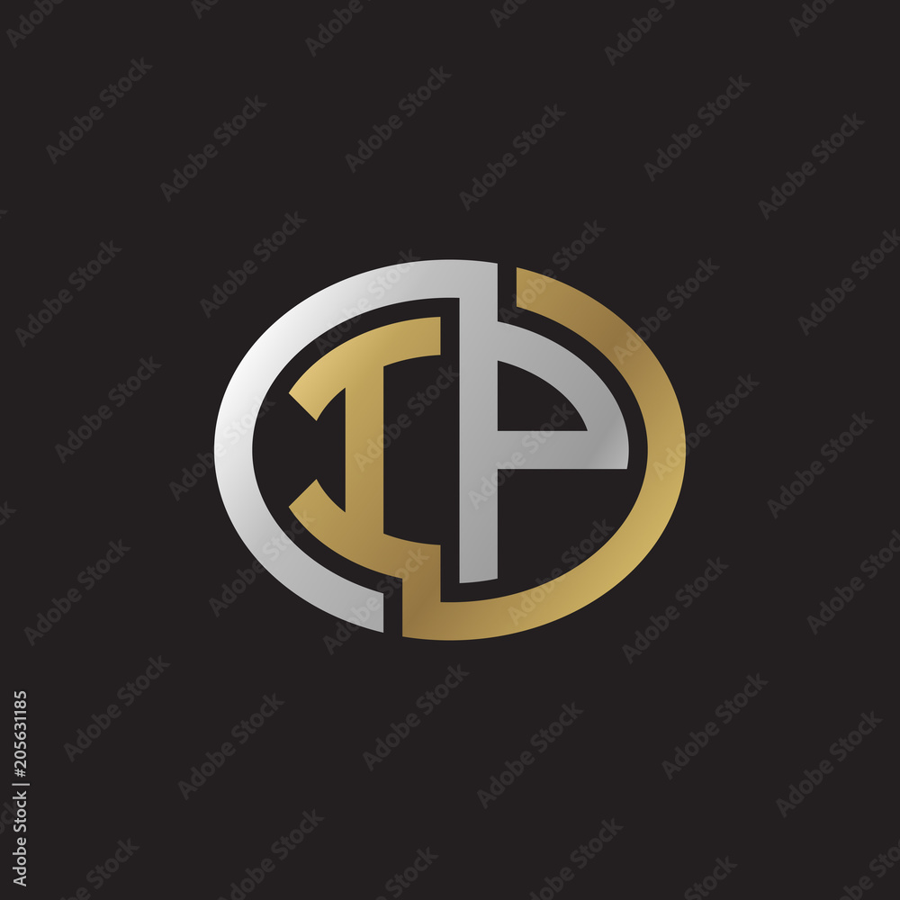 Initial letter IP, looping line, ellipse shape logo, silver gold color on black background Initial letter IP, looping line, ellipse shape logo, silver gold color on black background
