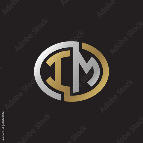 Initial letter IM, looping line, ellipse shape logo, silver gold color on black background