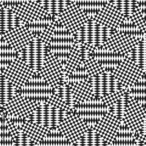 Op art pattern. Vector black and white geometric seamless texture with chaotic stripes, crossing lines, squares, rhombuses. Modern abstract geometry. Monochrome background. Creative repeat design 