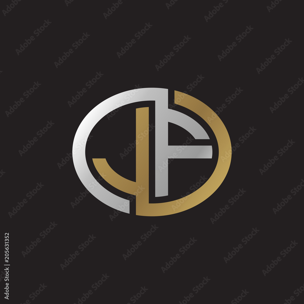 Initial letter JF, looping line, ellipse shape logo, silver gold color on black background Initial letter JF, looping line, ellipse shape logo, silver gold color on black background