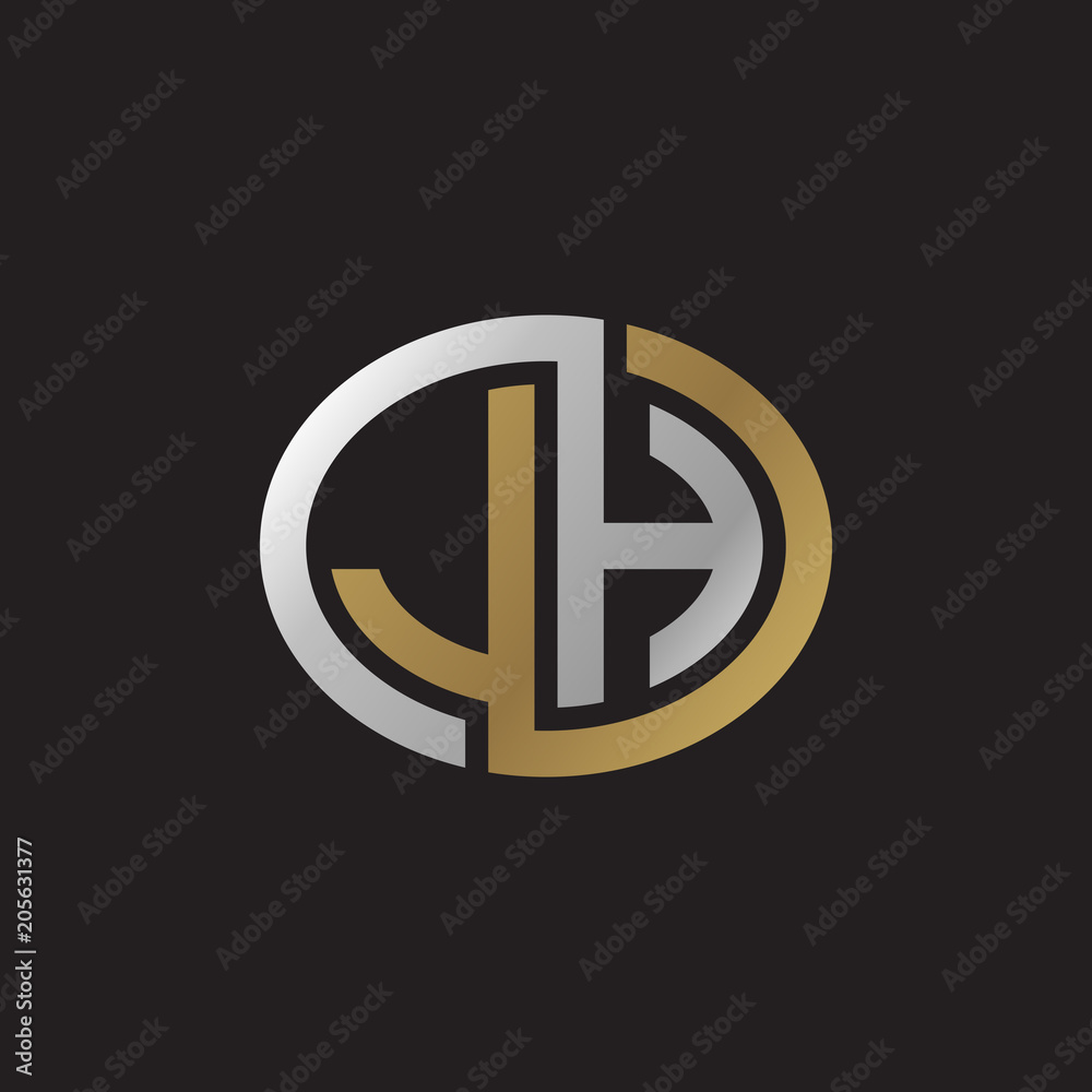 Initial letter JH, looping line, ellipse shape logo, silver gold color on black background Initial letter JH, looping line, ellipse shape logo, silver gold color on black background
