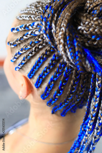 thin pigtails collected in tail, blue hair, African style close-up, ethnic hairstyle background