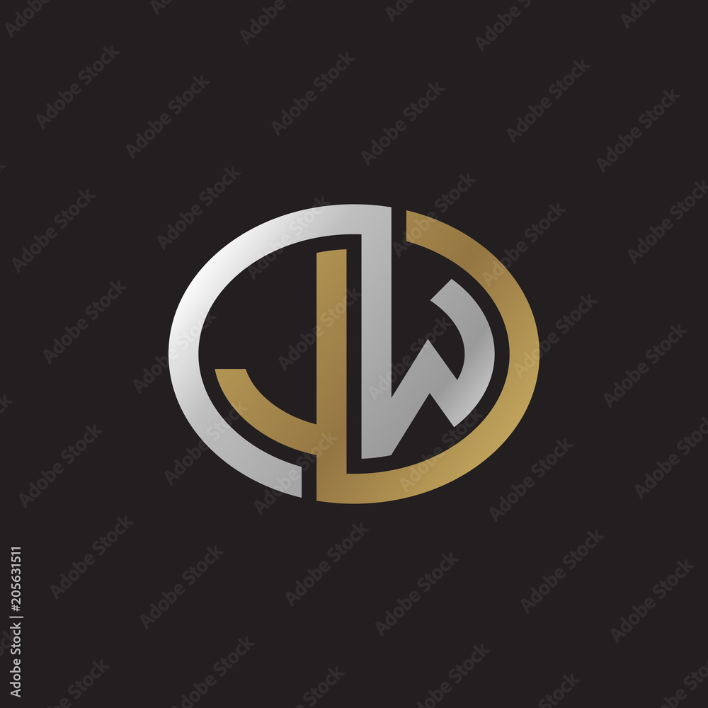 Initial letter JW, looping line, ellipse shape logo, silver gold color on black background Initial letter JW, looping line, ellipse shape logo, silver gold color on black background