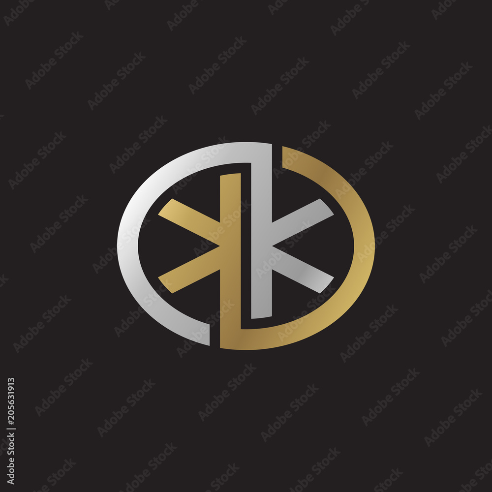 Obraz premium Initial letter KK, looping line, ellipse shape logo, silver gold color on black background