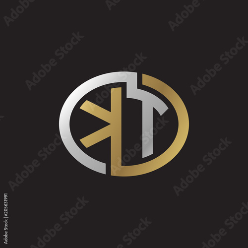 Initial letter KT, looping line, ellipse shape logo, silver gold color on black background