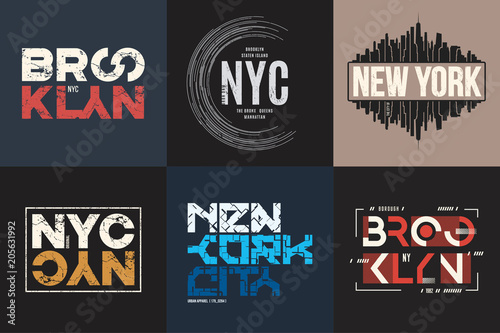 Set of six vector styled New York and Brooklyn t-shirt and appar