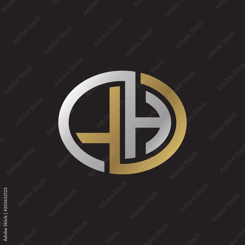 Initial letter LH, looping line, ellipse shape logo, silver gold color on black background Initial letter LH, looping line, ellipse shape logo, silver gold color on black background
