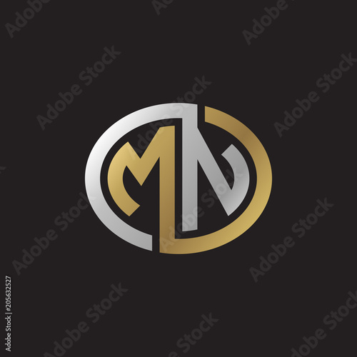 Initial letter MN, looping line, ellipse shape logo, silver gold color on black background