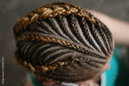 hairstyles from thin plaits on the head of a girl, a master, a beauty salon, a beauty trail photo