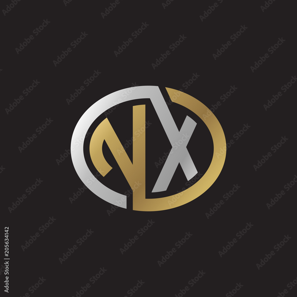 Initial letter NX, looping line, ellipse shape logo, silver gold color on black background Initial letter NX, looping line, ellipse shape logo, silver gold color on black background