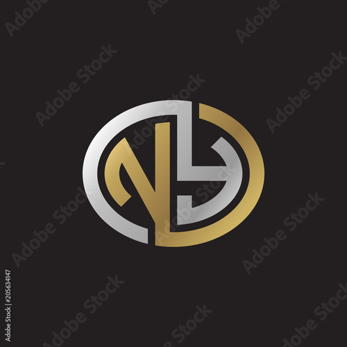 Initial letter NY, looping line, ellipse shape logo, silver gold color on black background