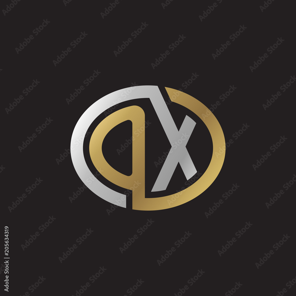 Initial letter OX, looping line, ellipse shape logo, silver gold color on black background Initial letter OX, looping line, ellipse shape logo, silver gold color on black background