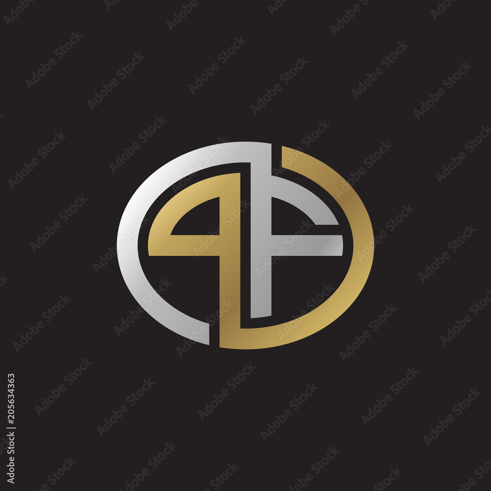 Initial letter PF, looping line, ellipse shape logo, silver gold color on black background Initial letter PF, looping line, ellipse shape logo, silver gold color on black background