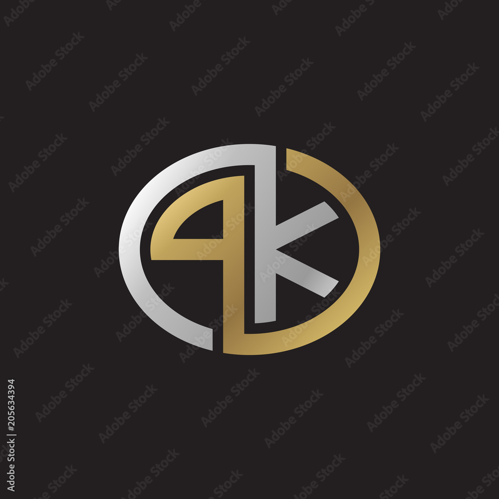 Initial letter PK, looping line, ellipse shape logo, silver gold color on black background Initial letter PK, looping line, ellipse shape logo, silver gold color on black background