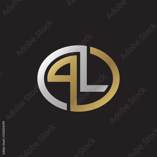 Initial letter PL, looping line, ellipse shape logo, silver gold color on black background