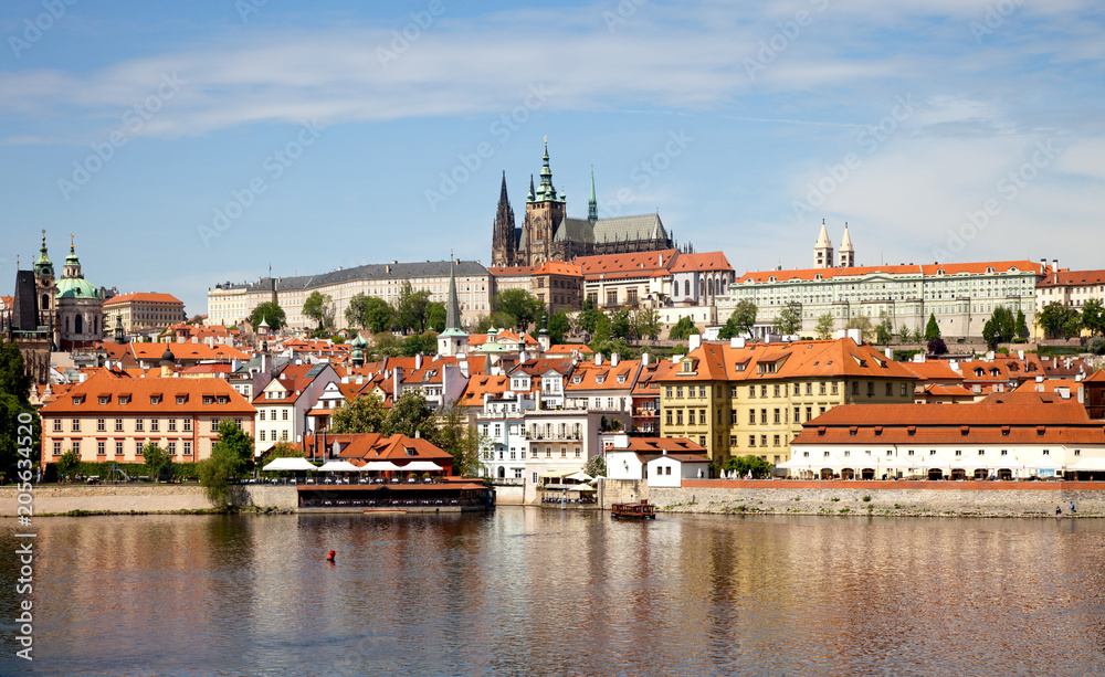 View of the Prague Castle and St. Vitus Cathedral from the Vltava and Charles Bridge, Prague, Czech Republic