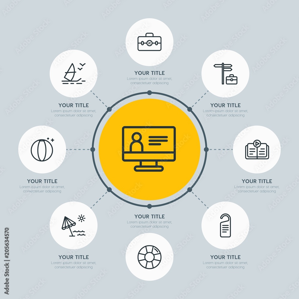 Circle network chart hotel, education, travel infographic template with 8 options for presentations, advertising, annual reports. Circle network chart hotel, education, travel infographic template with 8 options for presentations, advertising, annual reports.