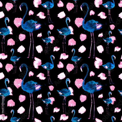 Watercolor Seamless Pattern With Flamingo and Dots. Exotic Summer Beach Motif. Swimwear Design, Wrapping, Background, Wallpaper, Fabric. Hawaiian Print. Jungle Birds Repeated Ornament. Africa.