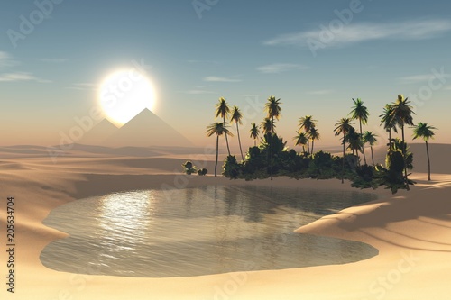 oasis in the desert, a pond with palm trees in the sands at sunset
