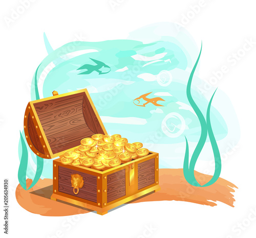 Gold Treasures in Wooden Chest at Ocean Bottom
