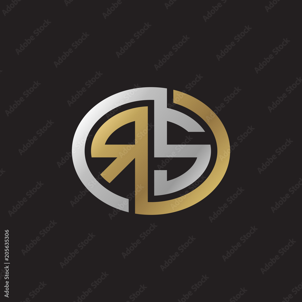 Initial letter RS, looping line, ellipse shape logo, silver gold color on black background Initial letter RS, looping line, ellipse shape logo, silver gold color on black background