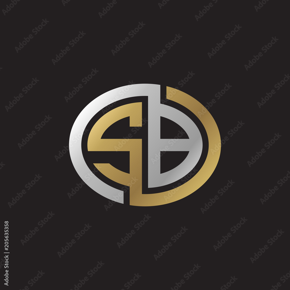 Initial letter SB, looping line, ellipse shape logo, silver gold color on black background Initial letter SB, looping line, ellipse shape logo, silver gold color on black background