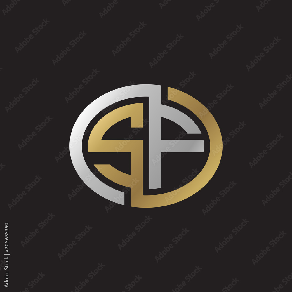 Initial letter SF, looping line, ellipse shape logo, silver gold color on black background Initial letter SF, looping line, ellipse shape logo, silver gold color on black background