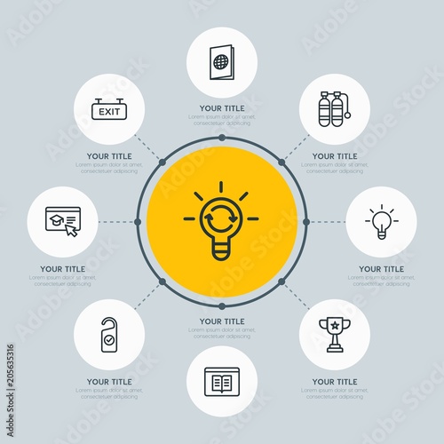 Circle network chart hotel, education, travel infographic template with 8 options for presentations, advertising, annual reports.