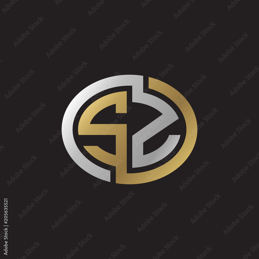 Initial letter SZ, looping line, ellipse shape logo, silver gold color on black background