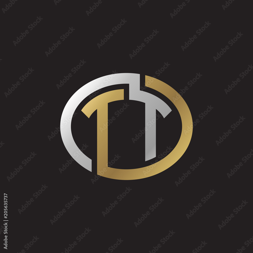 Initial letter TT, looping line, ellipse shape logo, silver gold color on black background Initial letter TT, looping line, ellipse shape logo, silver gold color on black background