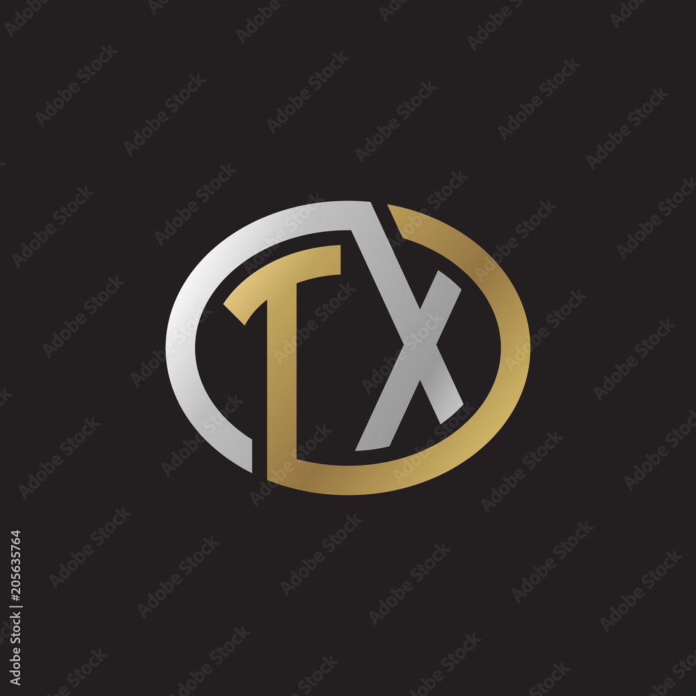 Initial letter TX, looping line, ellipse shape logo, silver gold color on black background Initial letter TX, looping line, ellipse shape logo, silver gold color on black background