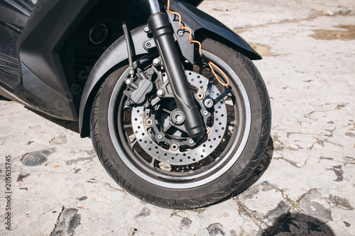Wheel of motorcycle or scooter or moped. Brake system and spare parts for bike