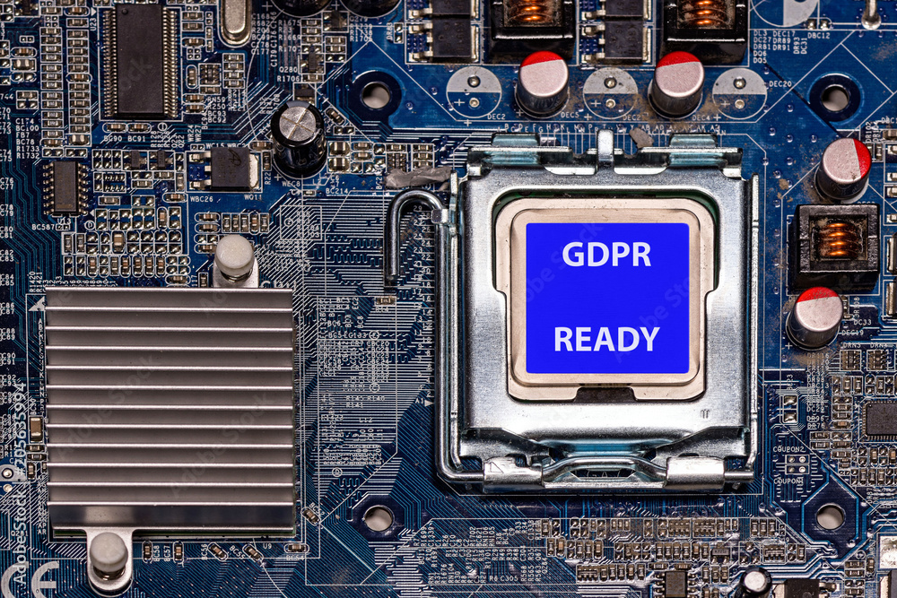 Fototapeta premium Close-up CPU with label GDPR READY on computer mother board