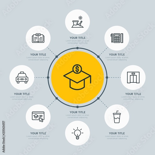 Circle network chart hotel, education, travel infographic template with 8 options for presentations, advertising, annual reports.