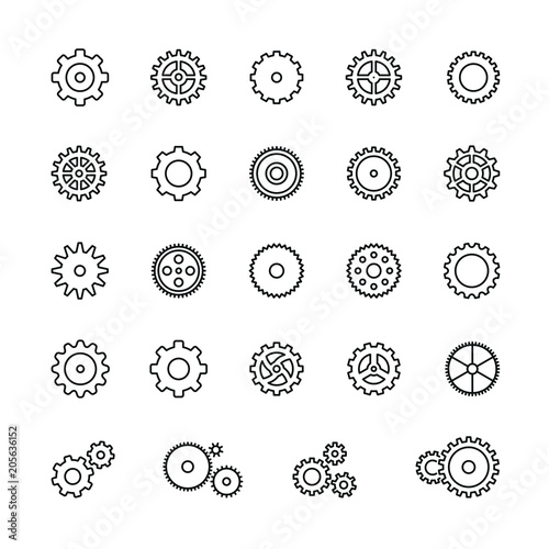 Gear icons: thin vector icon set, black and white kit