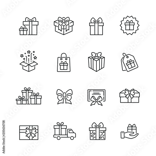 Gifts related icons: thin vector icon set, black and white kit