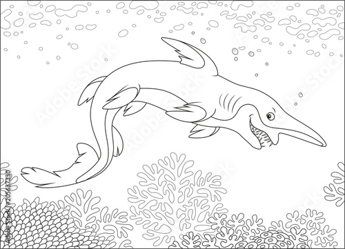 Scary deep-see goblin shark with an insidious smile swimming deep in a sea, black and white vector illustration in a cartoon style for a coloring book