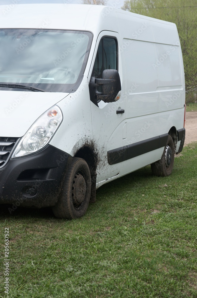 Dirty van parked on grass.
