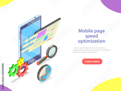 Mobile page speed optimization flat isometric vector concept. Decreasing loading time.