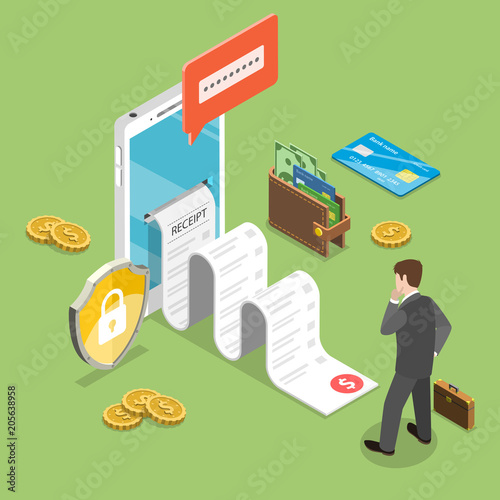 Flat isometric vector concept of receipt, online payment, money transfer, mobile wallet.