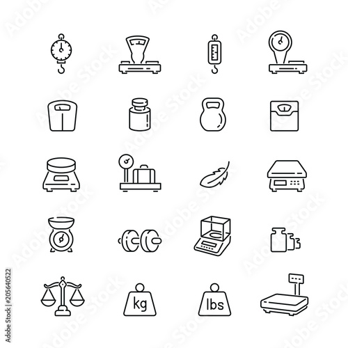 Weight related icons: thin vector icon set, black and white kit