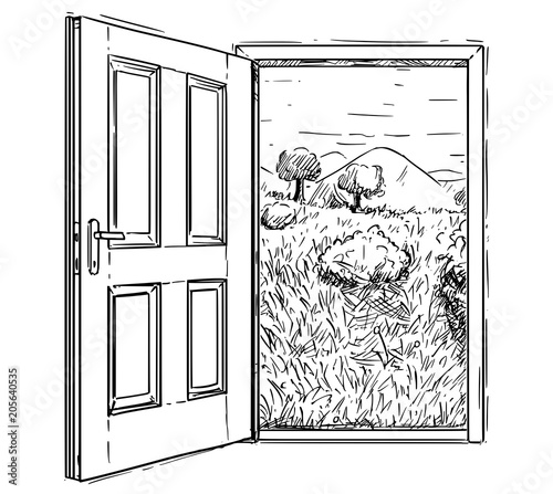 Vector artistic pen and ink drawing illustration of closed door to beautiful nature landscape with grass, trees, mountains and sky. Concept of ecology and environmental conservation.