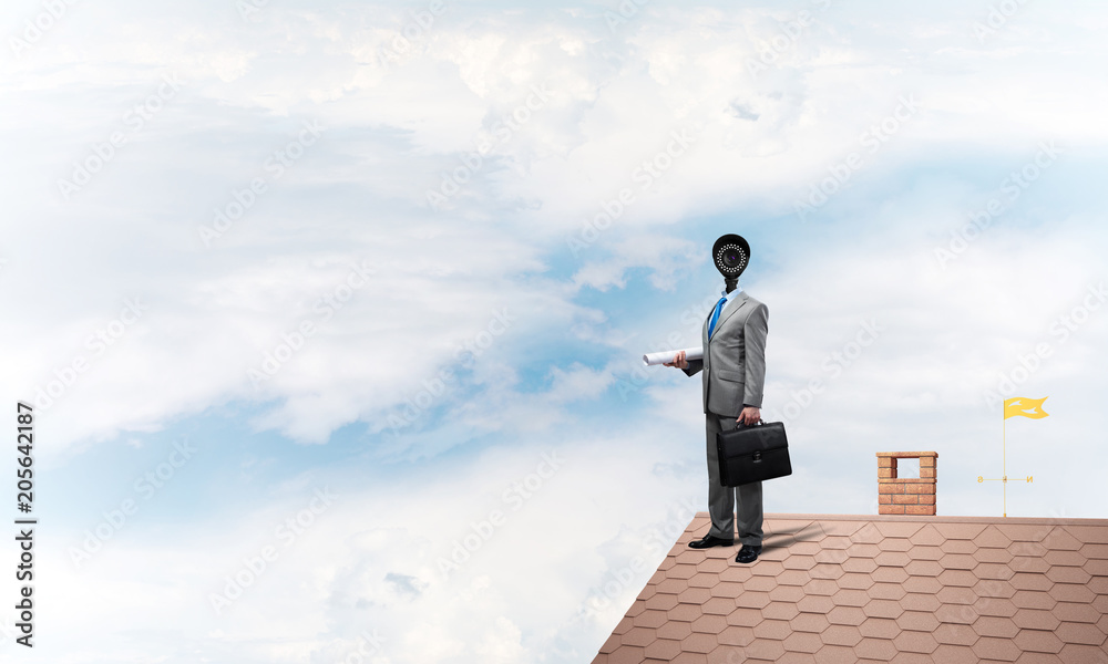 Concept of home security and privacy protection with camera headed man Concept of home security and privacy protection with camera headed man