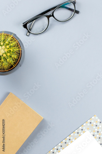 Flat lay home office desk. Female workspace with planner, eyeglasses, tea mug, diary, plant. Copy space
