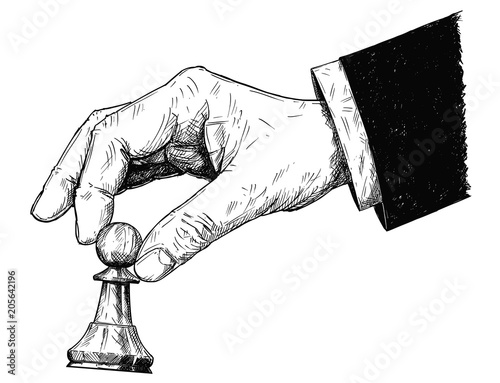 Vector artistic pen and ink drawing illustration of hand holding chess pawn figure. Business concept of strategy and game.