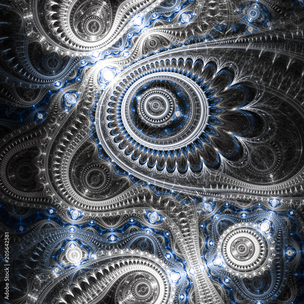 Fototapeta premium Srebrny i niebieski fraktal steampunk, grafika cyfrowa do kreatywnego projektowania graficznego